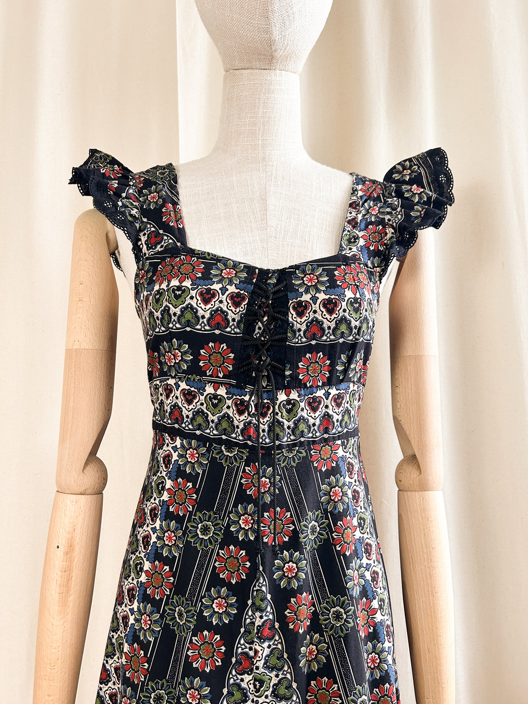 Gorgeous 1970s Cotton Black Folky Floral Sundress