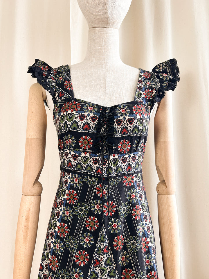 Gorgeous 1970s Cotton Black Folky Floral Sundress