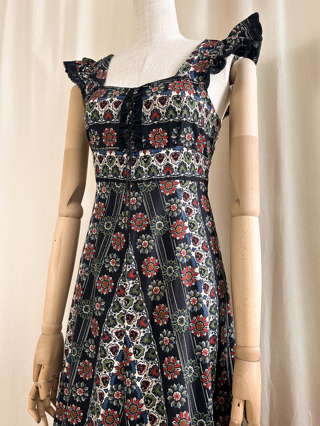 Gorgeous 1970s Cotton Black Folky Floral Sundress