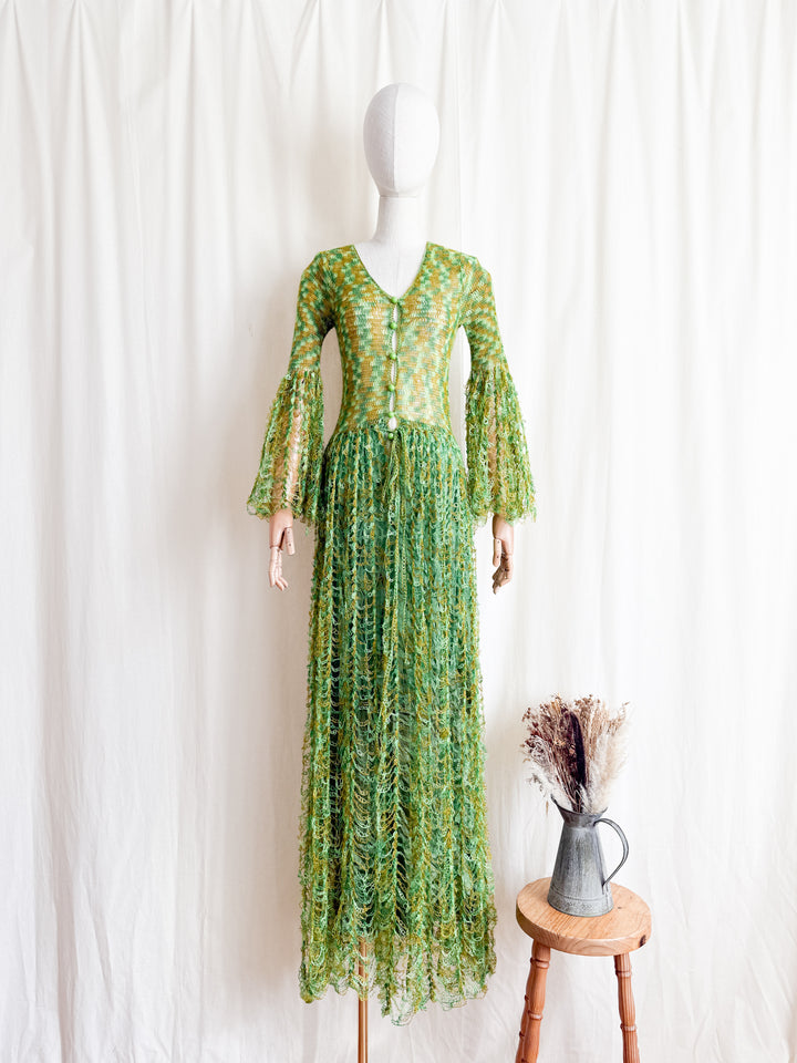 Insane Holy Grail Rare One of a Kind 1970s Loopy Green Crochet Knit Maxi Dress