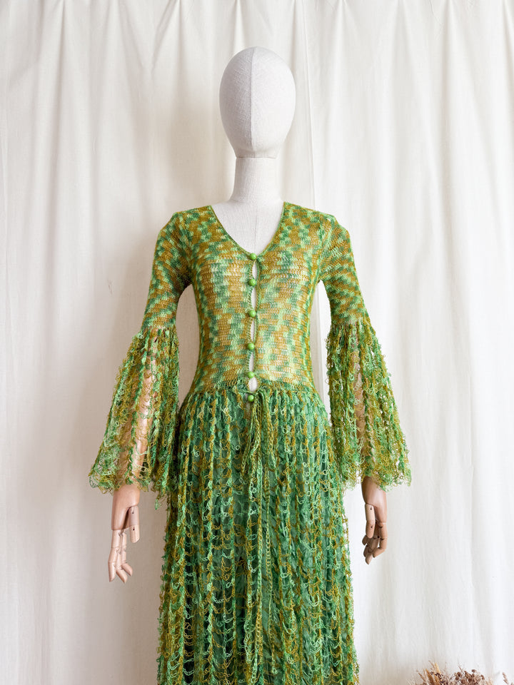 Insane Holy Grail Rare One of a Kind 1970s Loopy Green Crochet Knit Maxi Dress