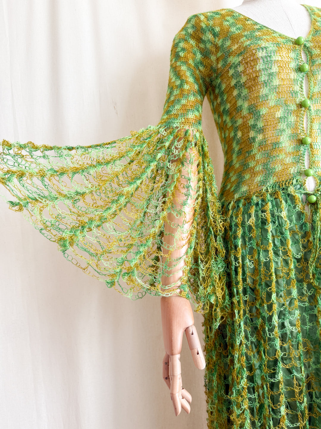 Insane Holy Grail Rare One of a Kind 1970s Loopy Green Crochet Knit Maxi Dress