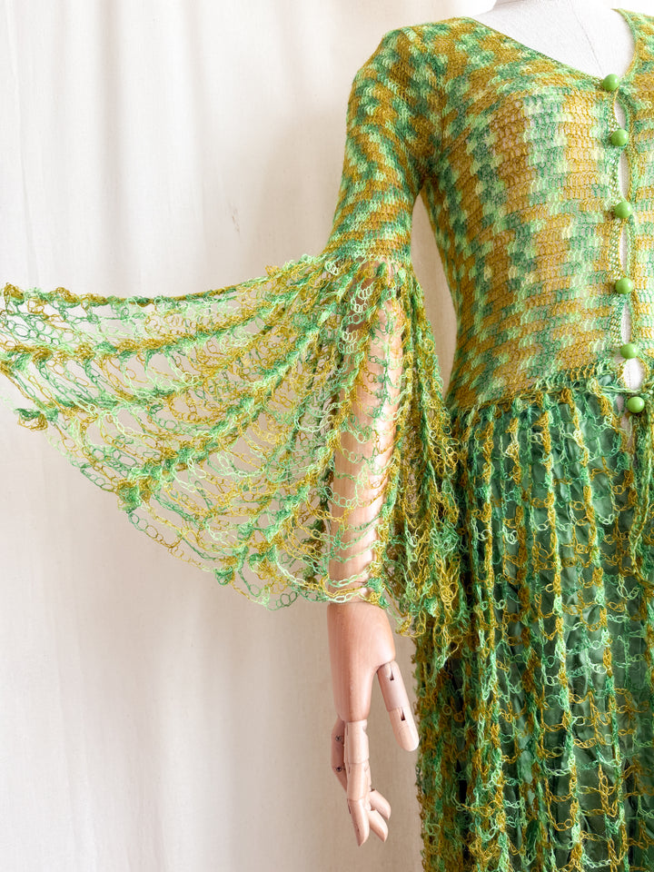 Insane Holy Grail Rare One of a Kind 1970s Loopy Green Crochet Knit Maxi Dress