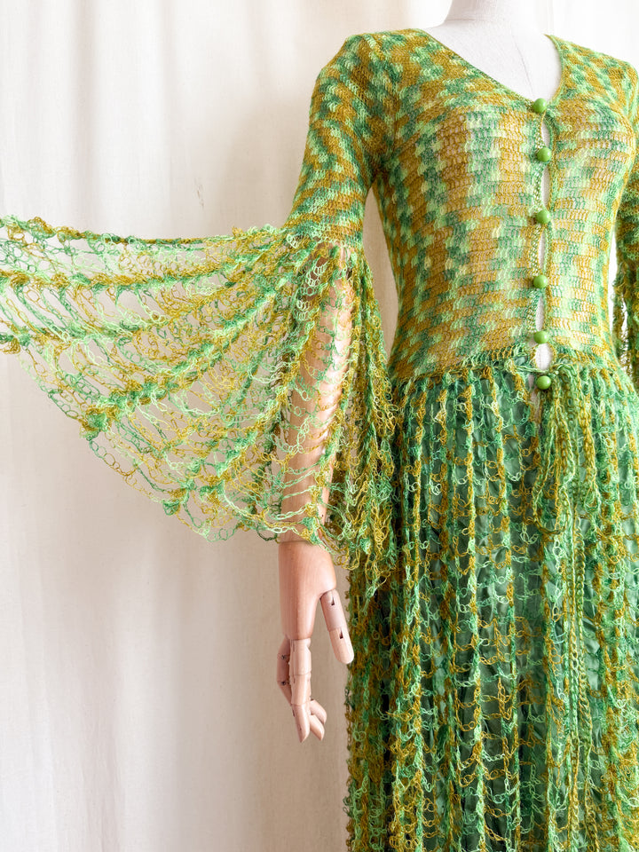 Insane Holy Grail Rare One of a Kind 1970s Loopy Green Crochet Knit Maxi Dress