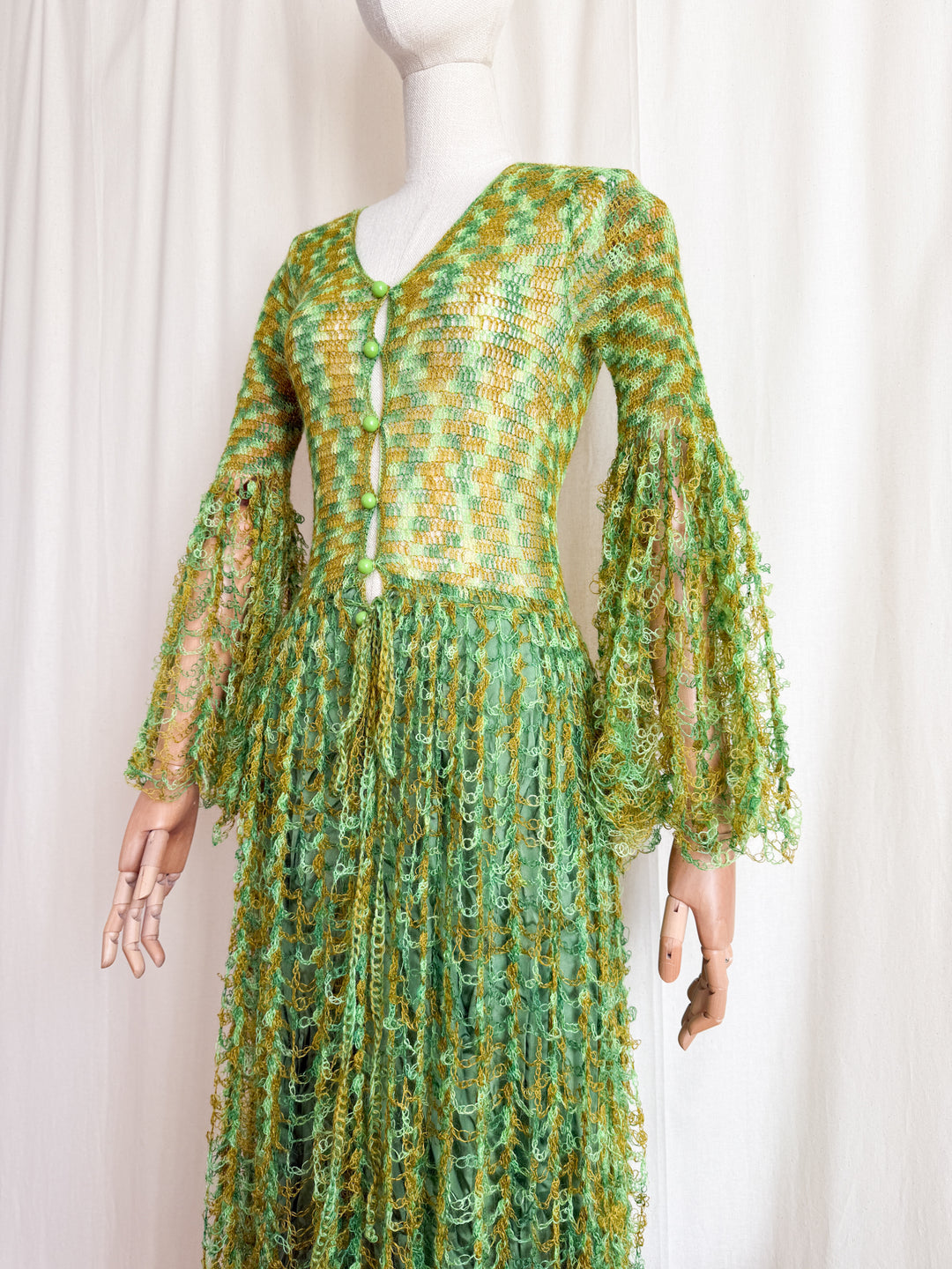 Insane Holy Grail Rare One of a Kind 1970s Loopy Green Crochet Knit Maxi Dress