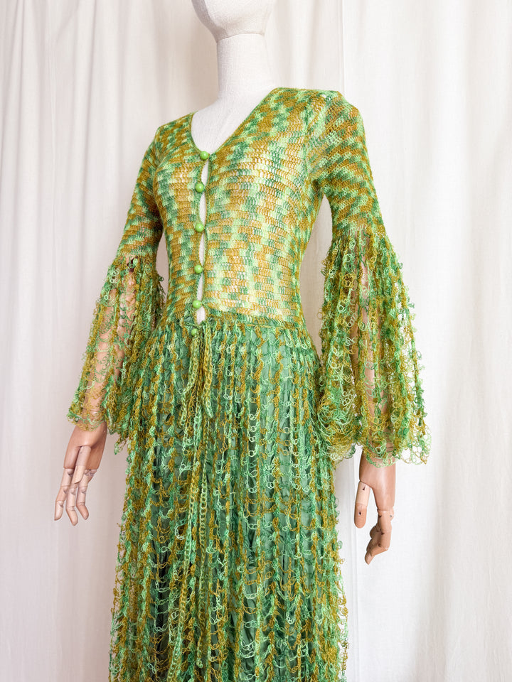 Insane Holy Grail Rare One of a Kind 1970s Loopy Green Crochet Knit Maxi Dress