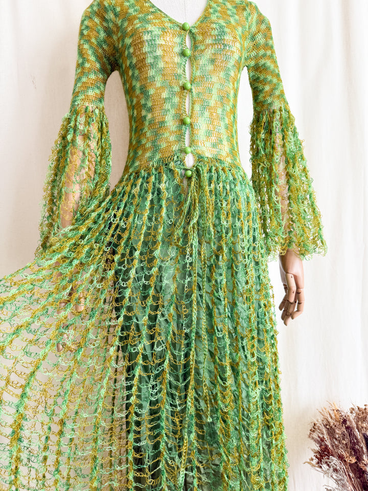 Insane Holy Grail Rare One of a Kind 1970s Loopy Green Crochet Knit Maxi Dress