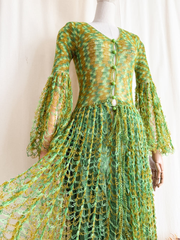 Insane Holy Grail Rare One of a Kind 1970s Loopy Green Crochet Knit Maxi Dress