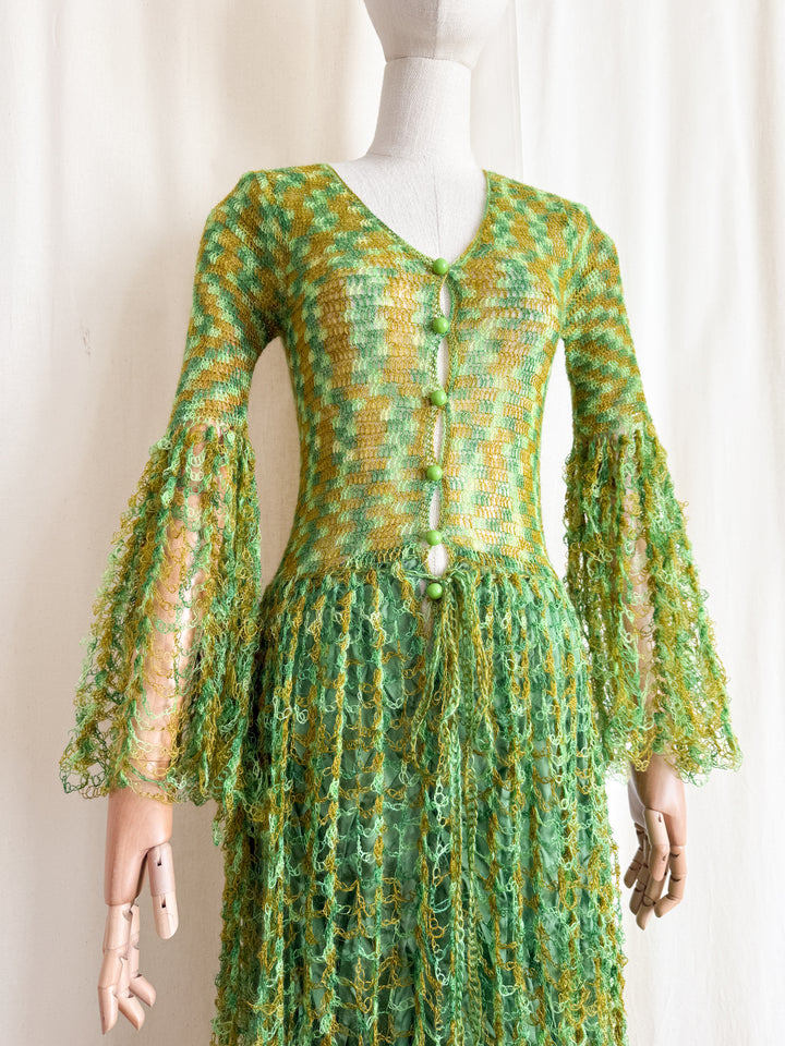 Insane Holy Grail Rare One of a Kind 1970s Loopy Green Crochet Knit Maxi Dress