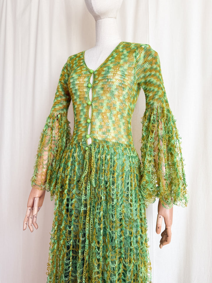 Insane Holy Grail Rare One of a Kind 1970s Loopy Green Crochet Knit Maxi Dress