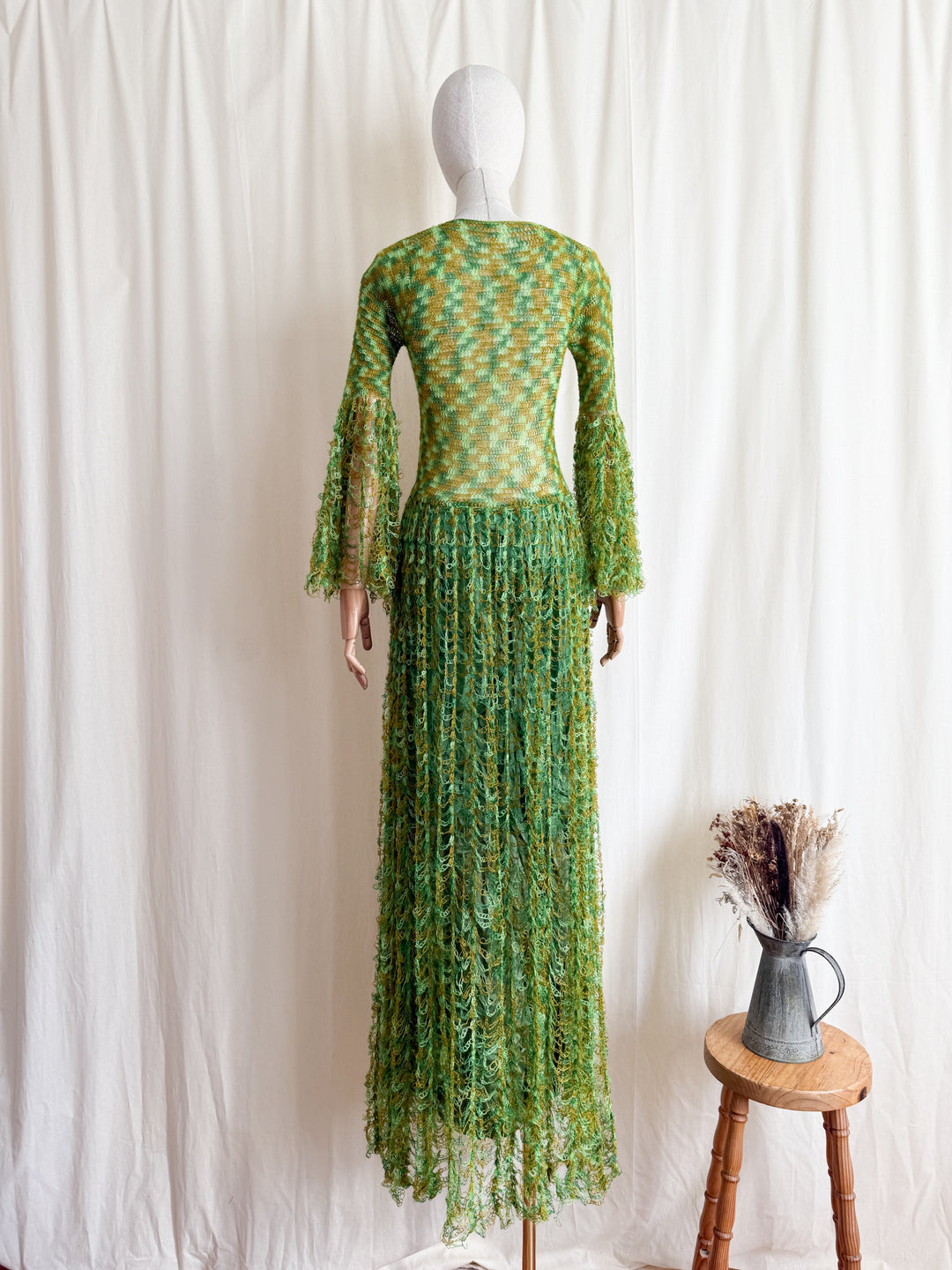 Insane Holy Grail Rare One of a Kind 1970s Loopy Green Crochet Knit Maxi Dress