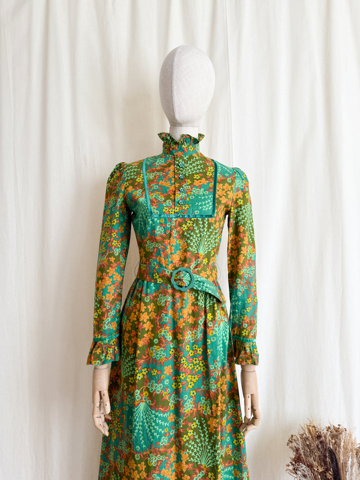 Gorgeous Rare Green 1970s Cotton Maxi Dress by Dollyrockers