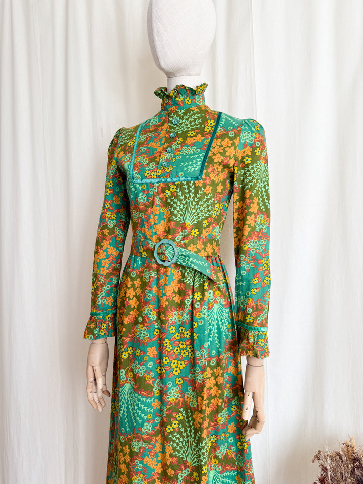 Gorgeous Rare Green 1970s Cotton Maxi Dress by Dollyrockers