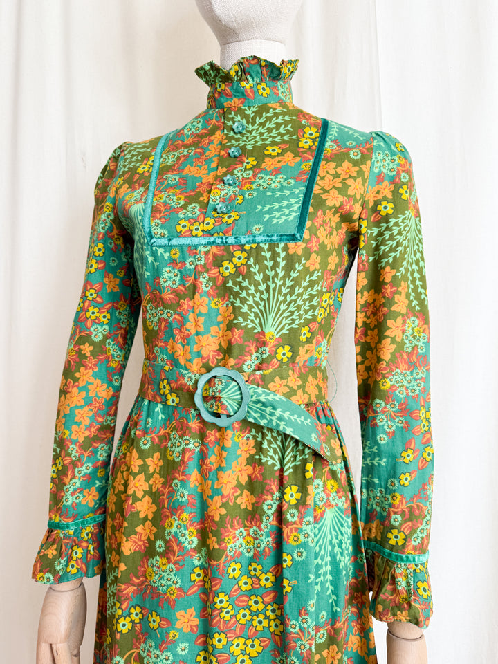 Gorgeous Rare Green 1970s Cotton Maxi Dress by Dollyrockers