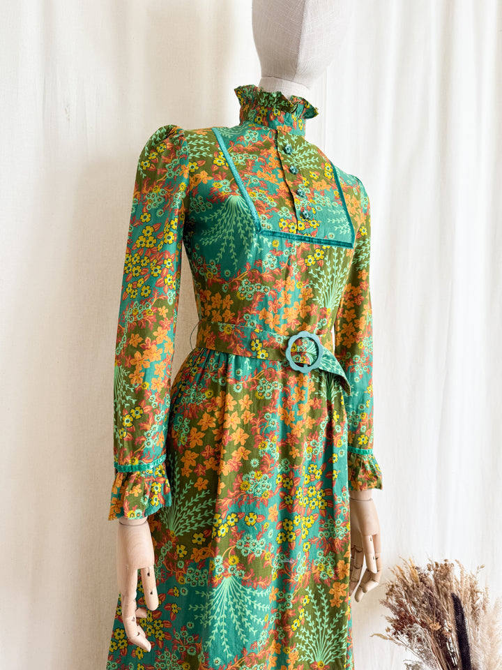 Gorgeous Rare Green 1970s Cotton Maxi Dress by Dollyrockers