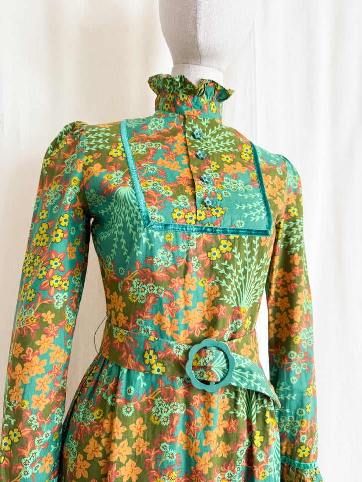 Gorgeous Rare Green 1970s Cotton Maxi Dress by Dollyrockers