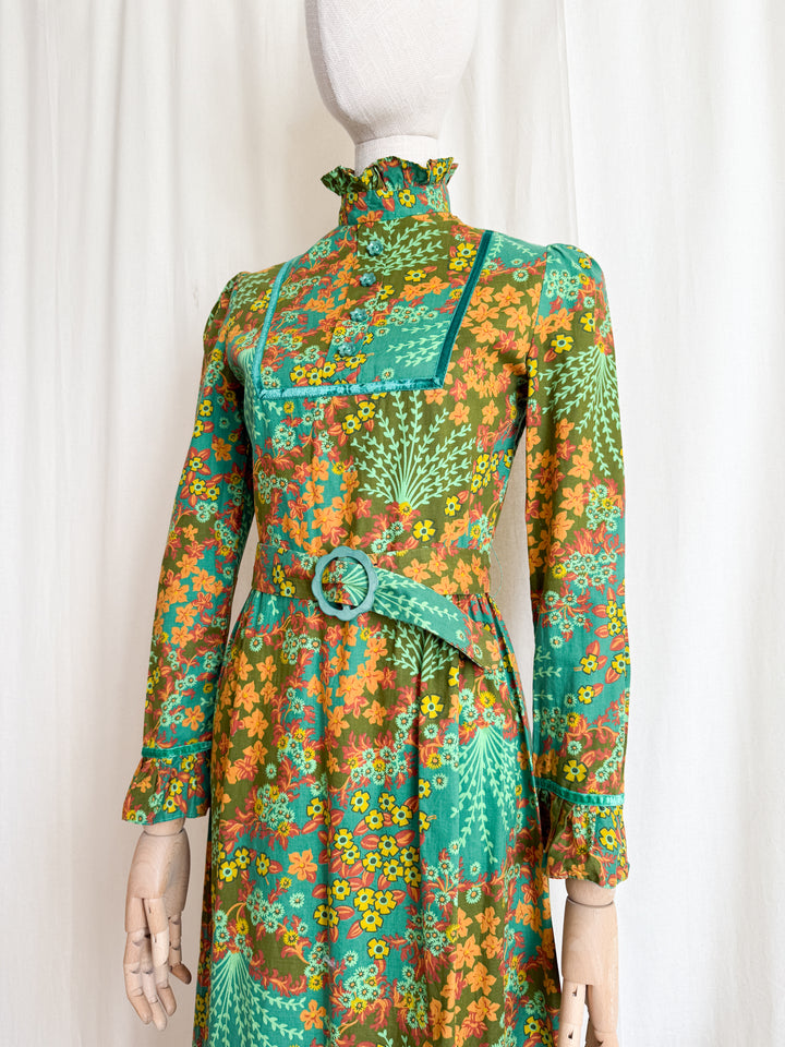 Gorgeous Rare Green 1970s Cotton Maxi Dress by Dollyrockers