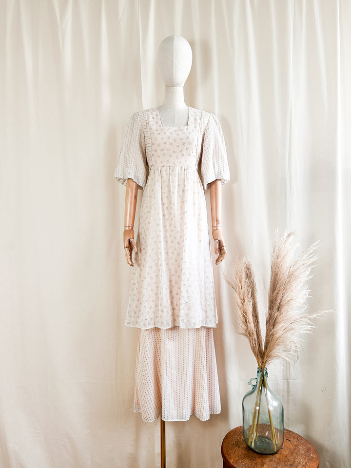 Stunning Delicate Bohemian 1970s Gold Stamped Cotton Dream Dress