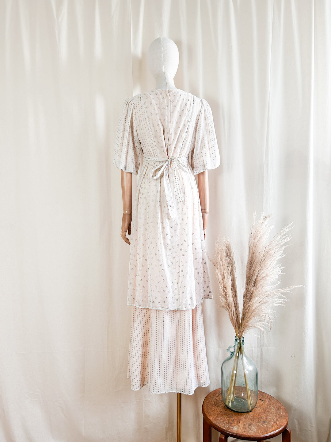 Stunning Delicate Bohemian 1970s Gold Stamped Cotton Dream Dress