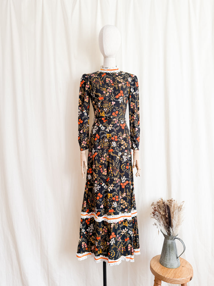 Beautiful 1970s Soft Cotton Autumnal Maxi Dress by Peggy Page