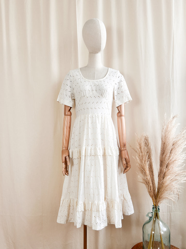 Adorable Cream Cotton 1970s Broderie Anglaise Midi Dress