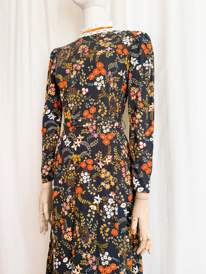 Beautiful 1970s Soft Cotton Autumnal Maxi Dress by Peggy Page