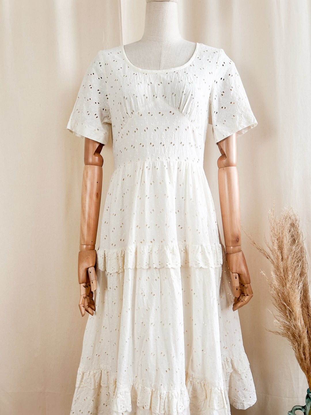 Adorable Cream Cotton 1970s Broderie Anglaise Midi Dress