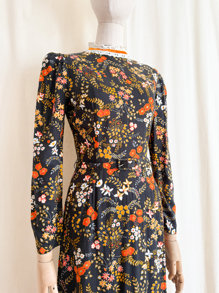 Beautiful 1970s Soft Cotton Autumnal Maxi Dress by Peggy Page