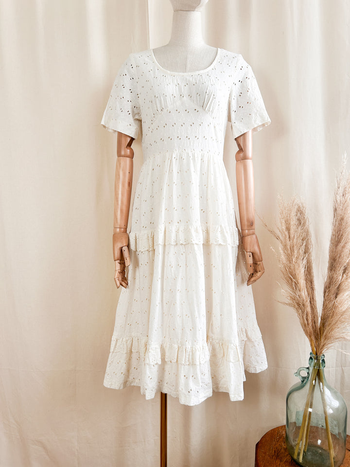 Adorable Cream Cotton 1970s Broderie Anglaise Midi Dress