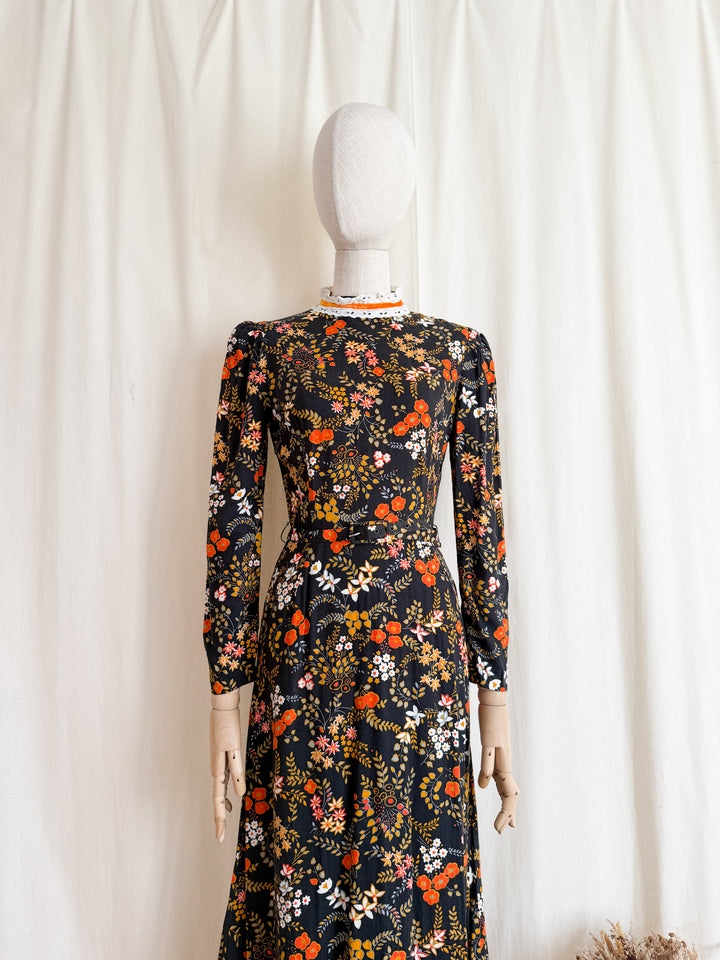 Beautiful 1970s Soft Cotton Autumnal Maxi Dress by Peggy Page