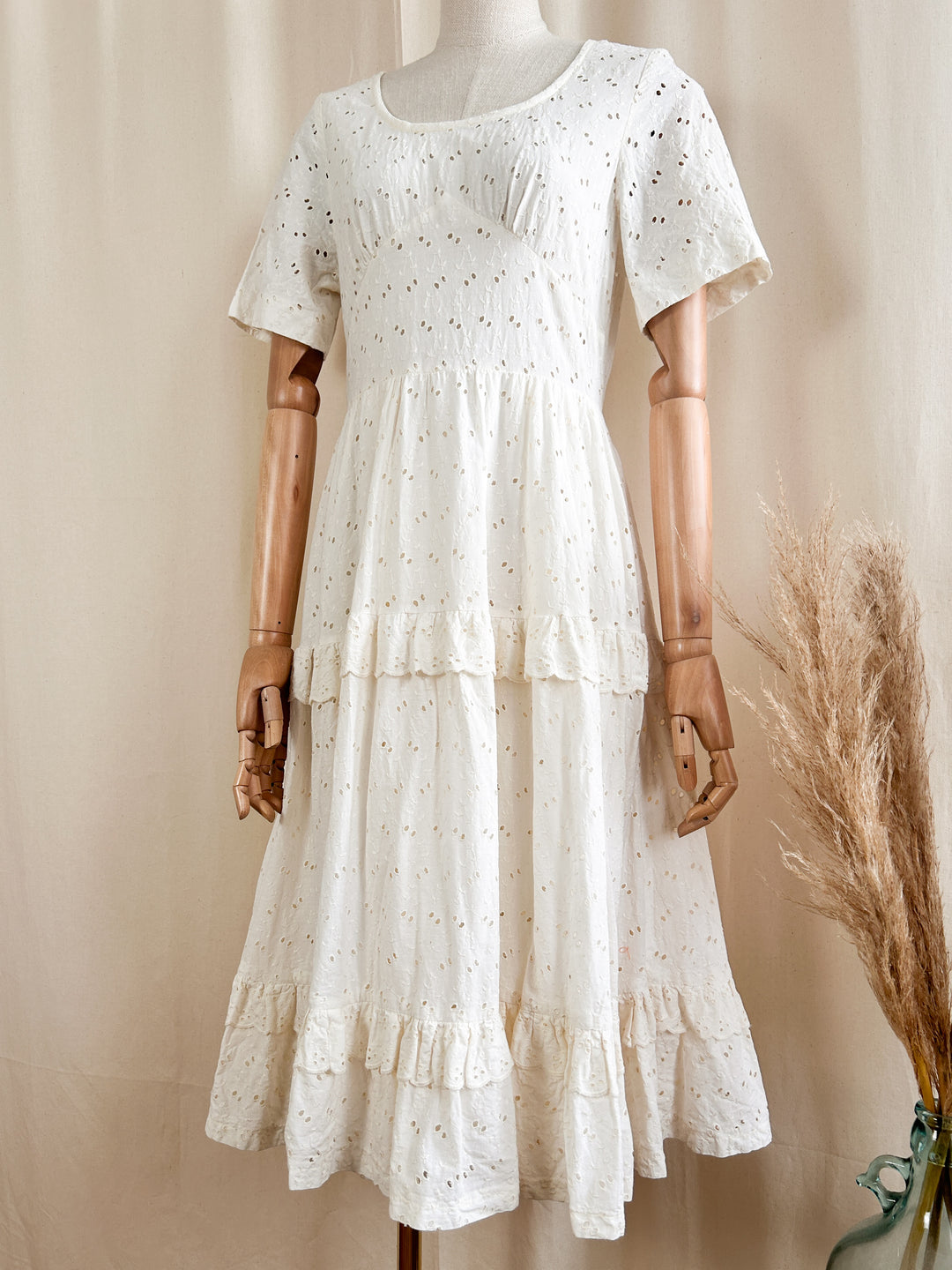 Adorable Cream Cotton 1970s Broderie Anglaise Midi Dress