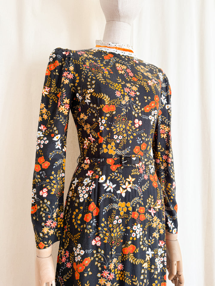 Beautiful 1970s Soft Cotton Autumnal Maxi Dress by Peggy Page