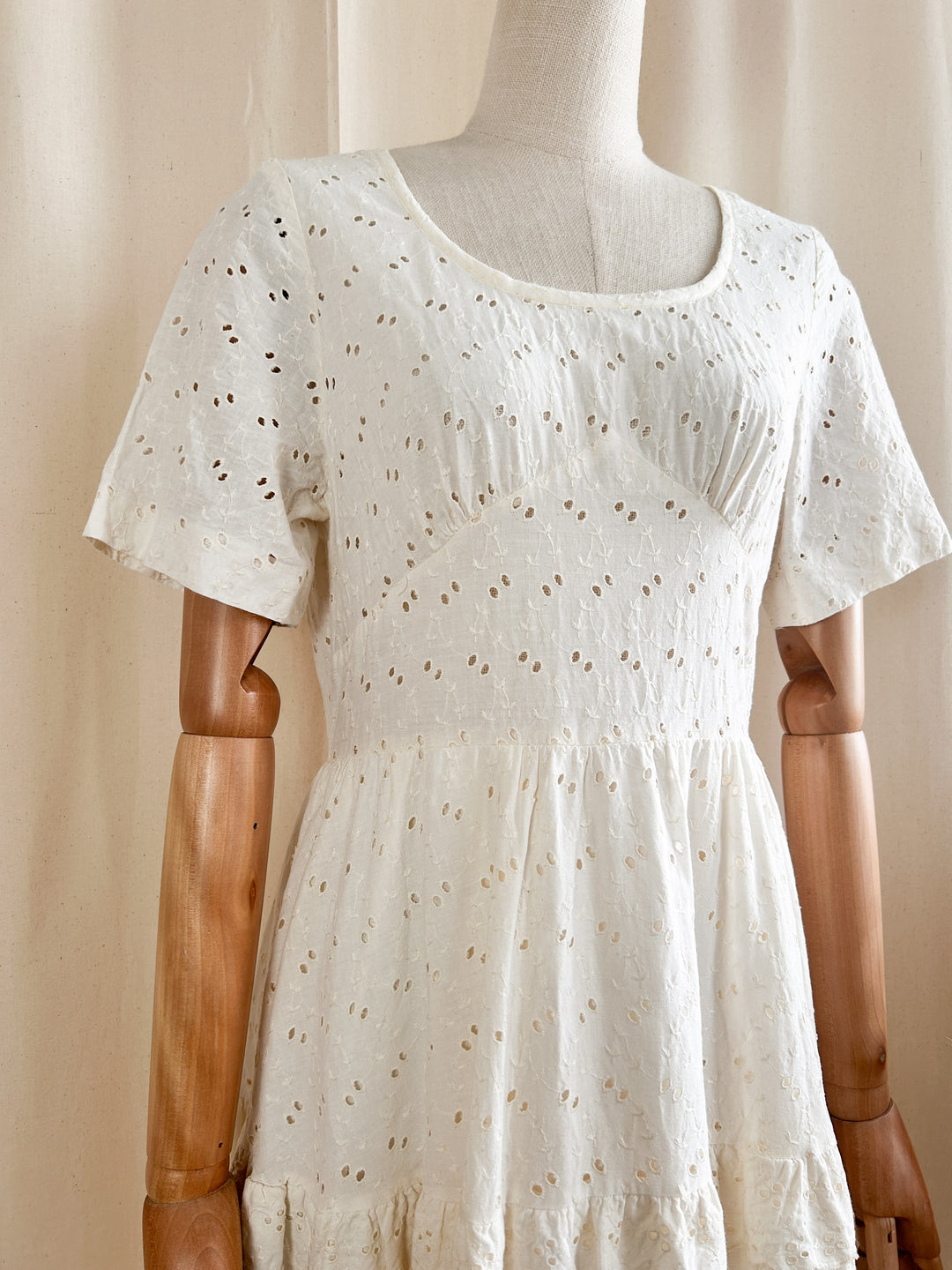 Adorable Cream Cotton 1970s Broderie Anglaise Midi Dress