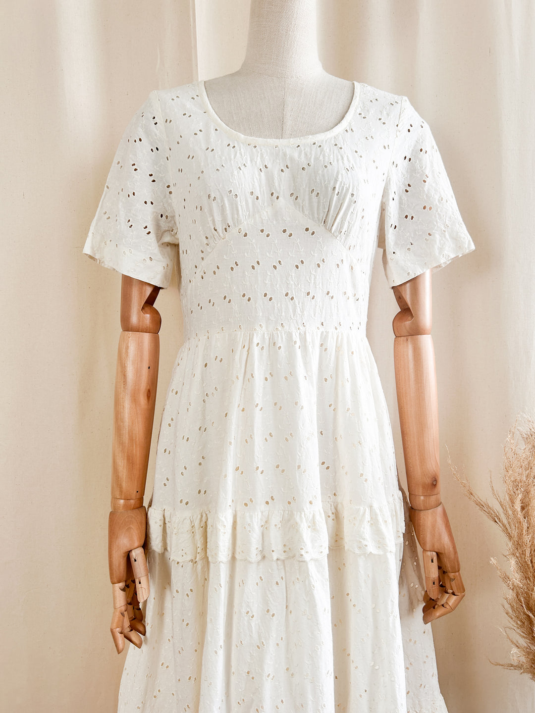 Adorable Cream Cotton 1970s Broderie Anglaise Midi Dress