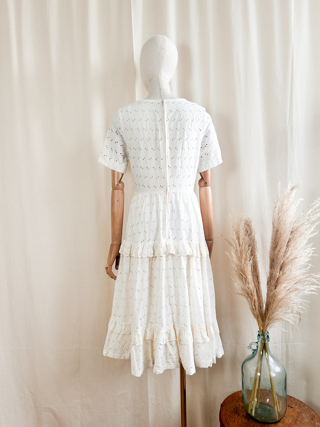 Adorable Cream Cotton 1970s Broderie Anglaise Midi Dress