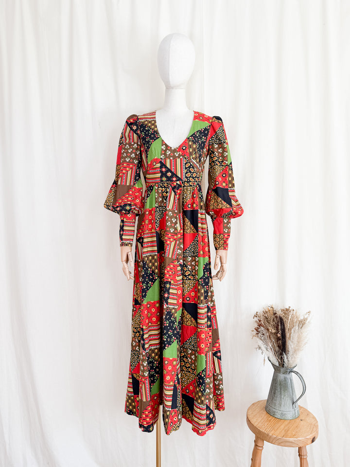 Divine Rare Stunning 1970s Patchwork Print Cotton Maxi Dress
