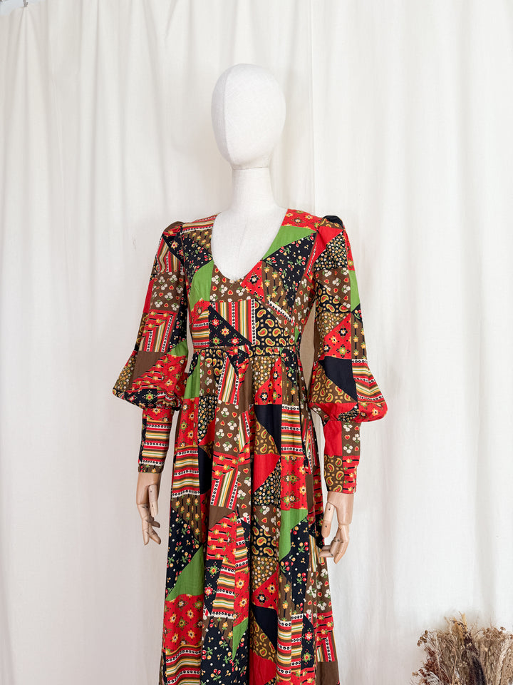 Divine Rare Stunning 1970s Patchwork Print Cotton Maxi Dress