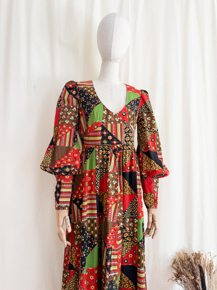 Divine Rare Stunning 1970s Patchwork Print Cotton Maxi Dress