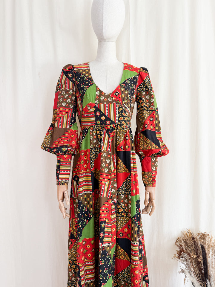 Divine Rare Stunning 1970s Patchwork Print Cotton Maxi Dress