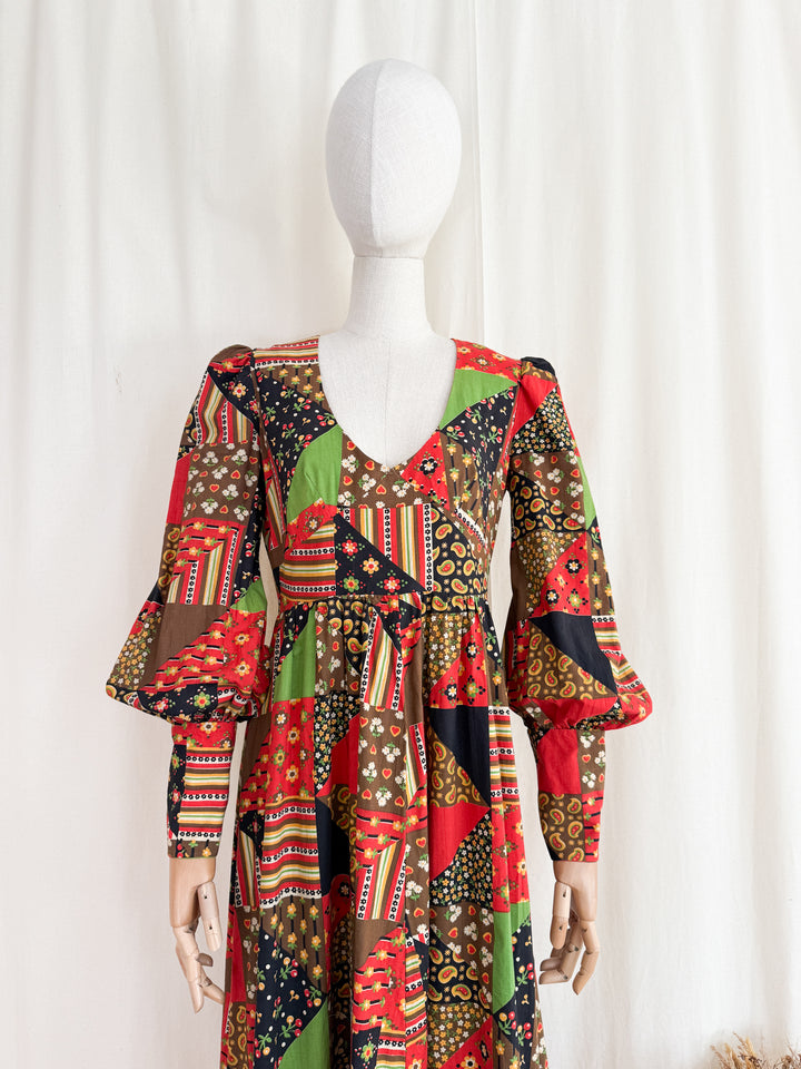 Divine Rare Stunning 1970s Patchwork Print Cotton Maxi Dress