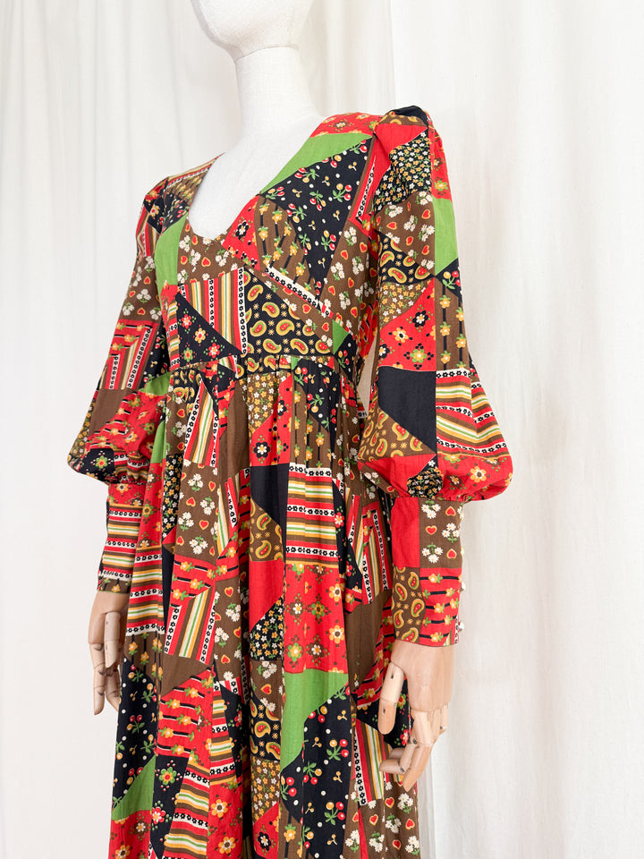 Divine Rare Stunning 1970s Patchwork Print Cotton Maxi Dress