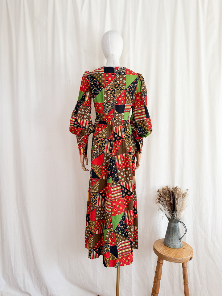 Divine Rare Stunning 1970s Patchwork Print Cotton Maxi Dress