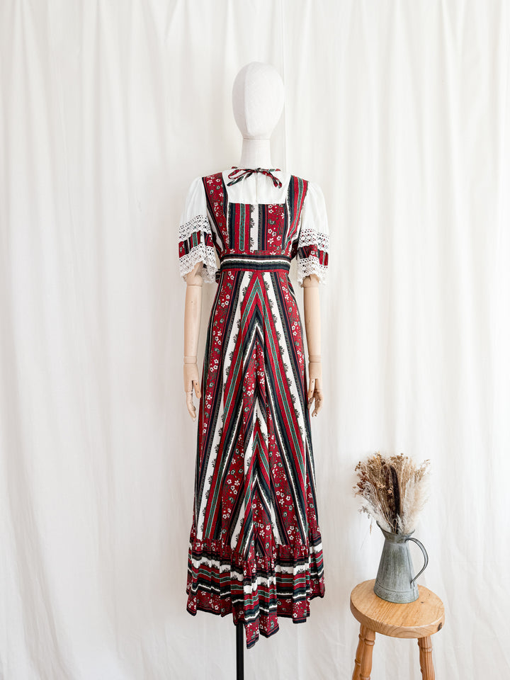 Stunning 1970s Crochet Trimmed Cotton Prairie Maxi Dress