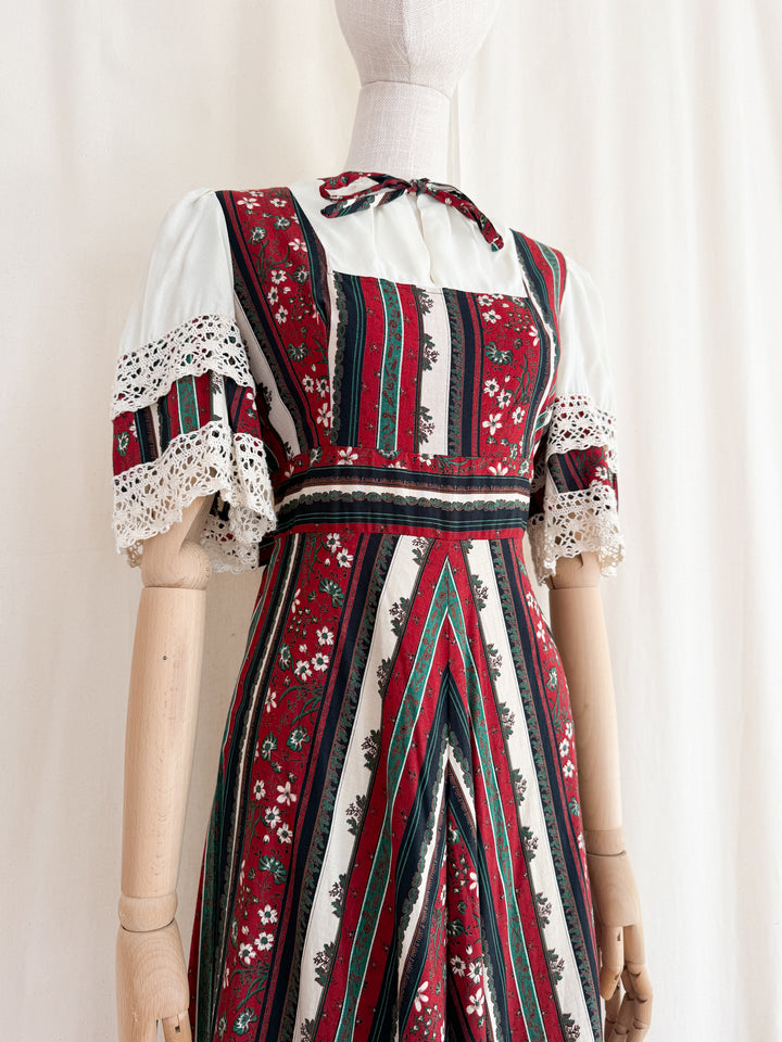 Stunning 1970s Crochet Trimmed Cotton Prairie Maxi Dress