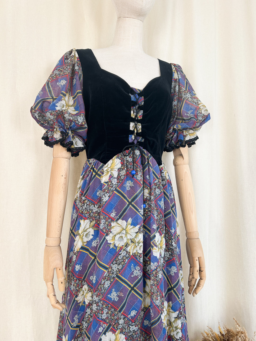 Insane Rare Gothic Plaid 70s Velvet Bodice Cotton Maxi Dress