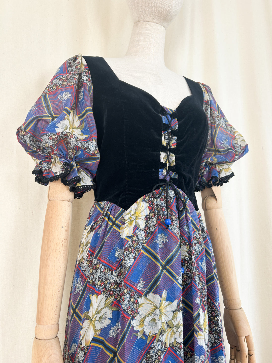 Insane Rare Gothic Plaid 70s Velvet Bodice Cotton Maxi Dress