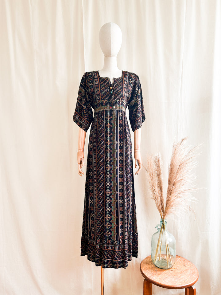 Beaut Black Cotton Bohemian 1970s Maxi Dress