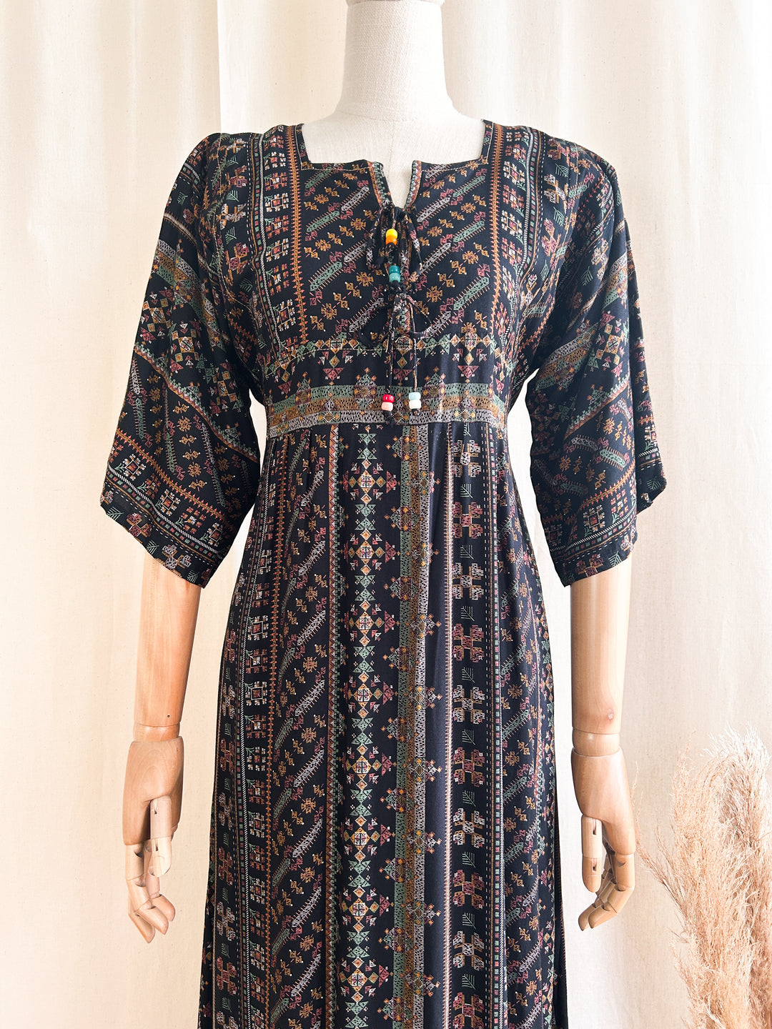 Beaut Black Cotton Bohemian 1970s Maxi Dress