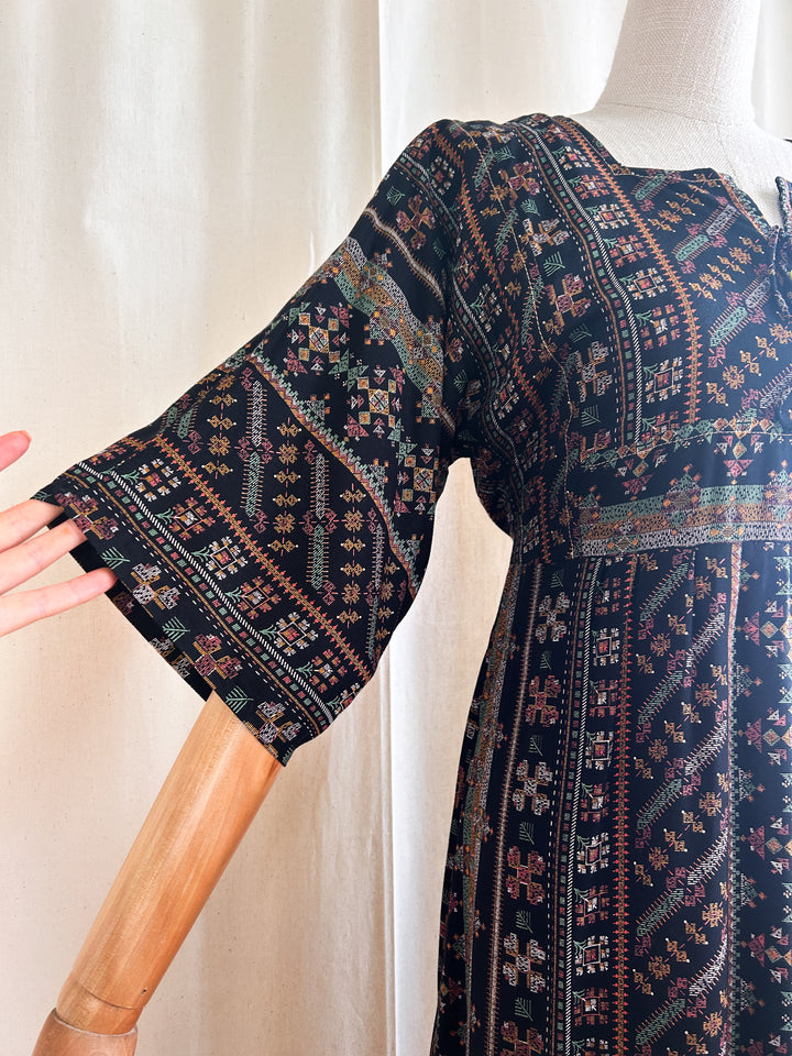 Beaut Black Cotton Bohemian 1970s Maxi Dress