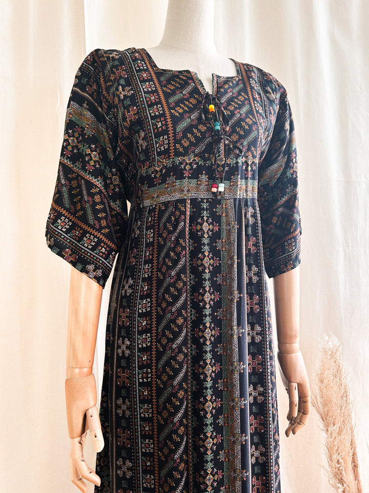 Beaut Black Cotton Bohemian 1970s Maxi Dress